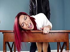 Tranny Sex Tube - This redhaired shemale bitch bent over the desk and fucked in the ass